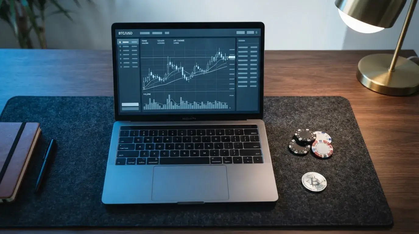Laptop mit Bitcoin-Symbol und Casino-Chips auf einem Schreibtisch