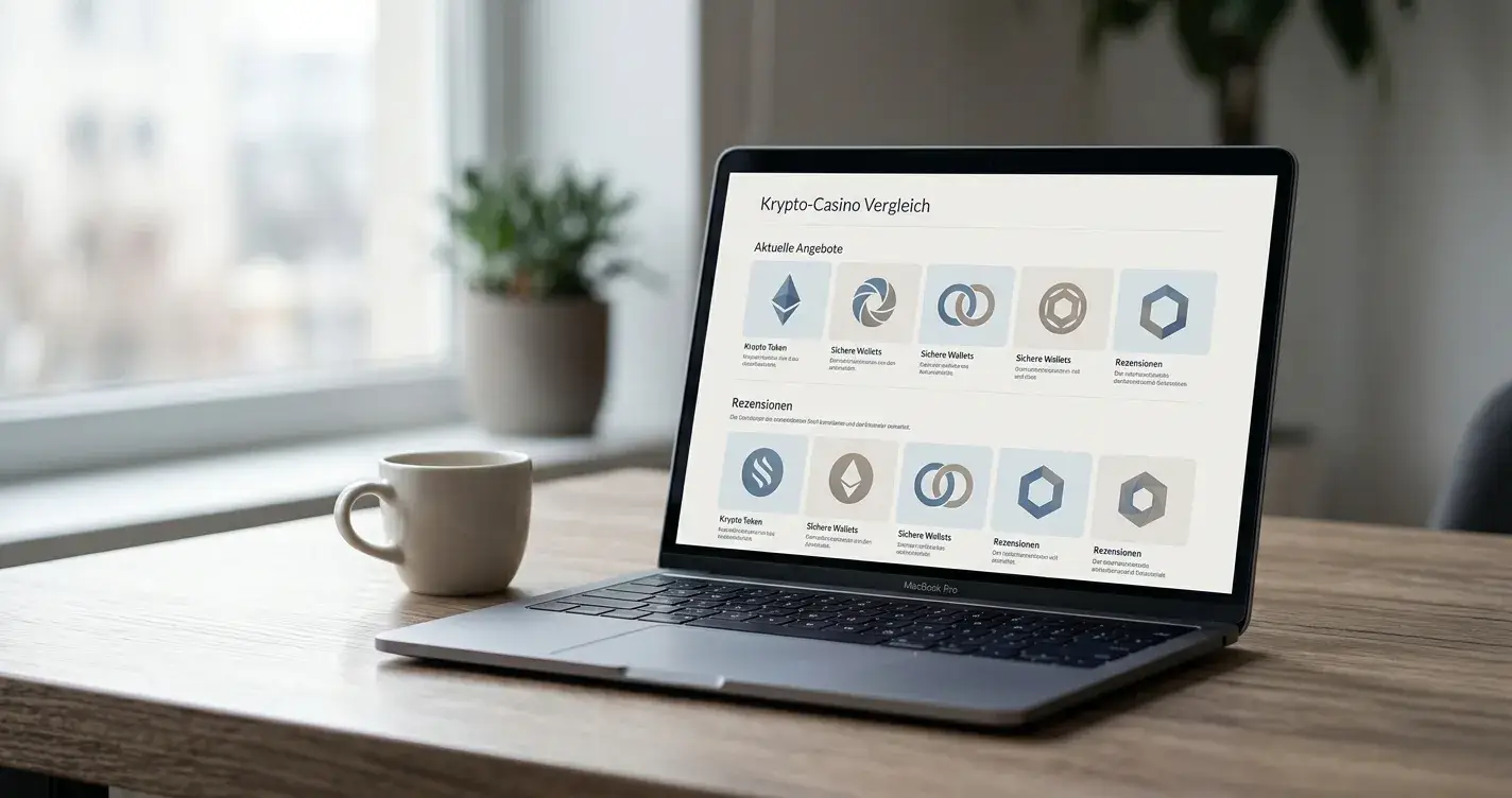 Laptop mit abstrakten Krypto-Token-Symbolen auf einem minimalistischen Schreibtisch