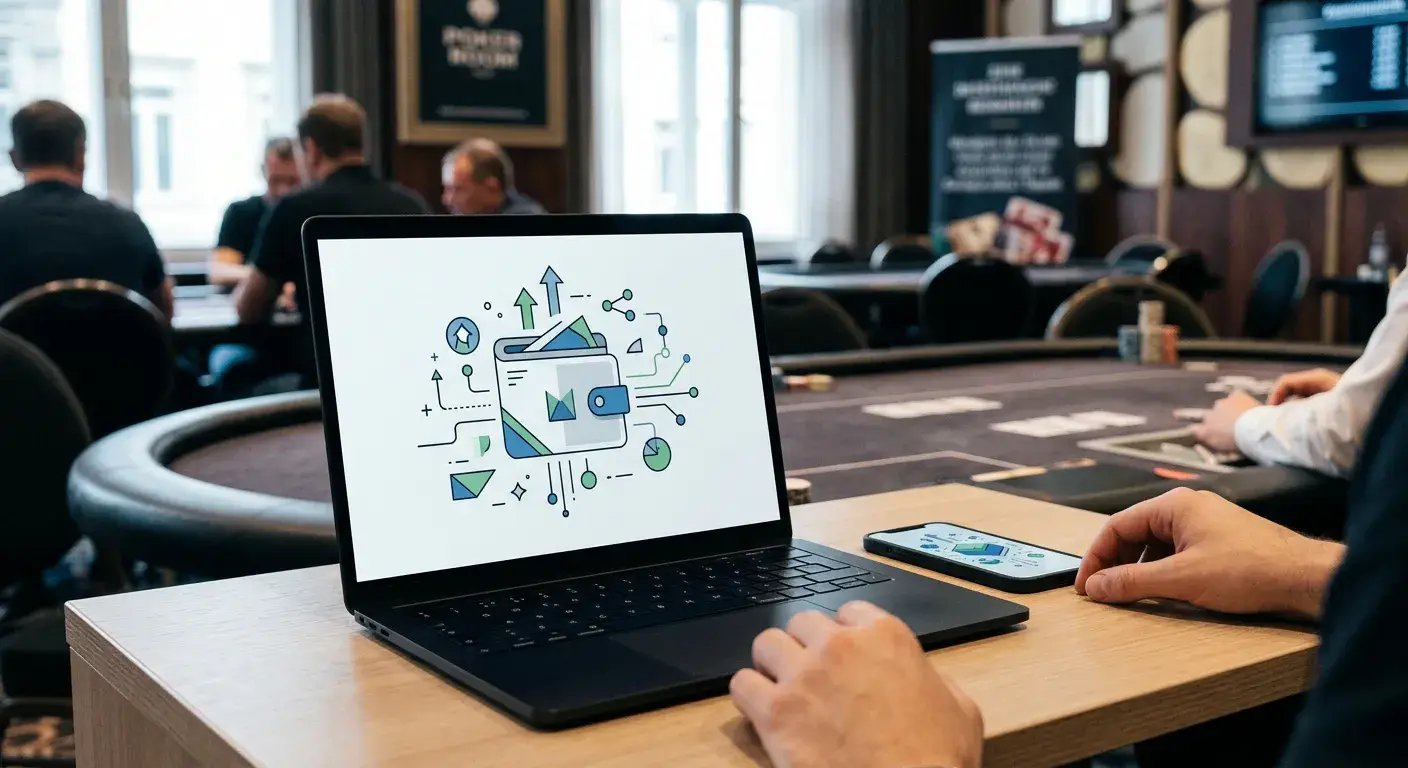Laptop und Smartphone mit abstrakten digitalen Geldbörsen neben neutraler Pokeroberfläche