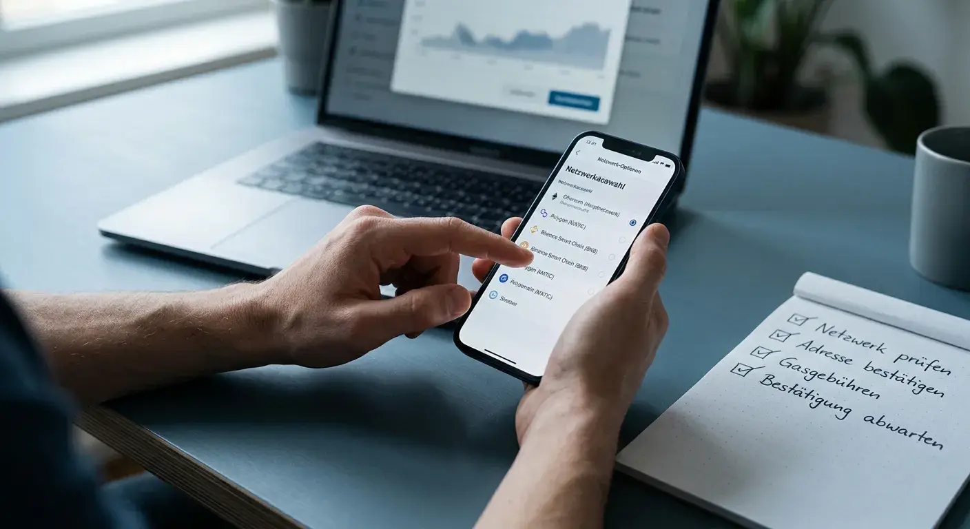 Krypto-Wallet mit neutraler Netzwerk-Auswahl und kleinem Testtransfer