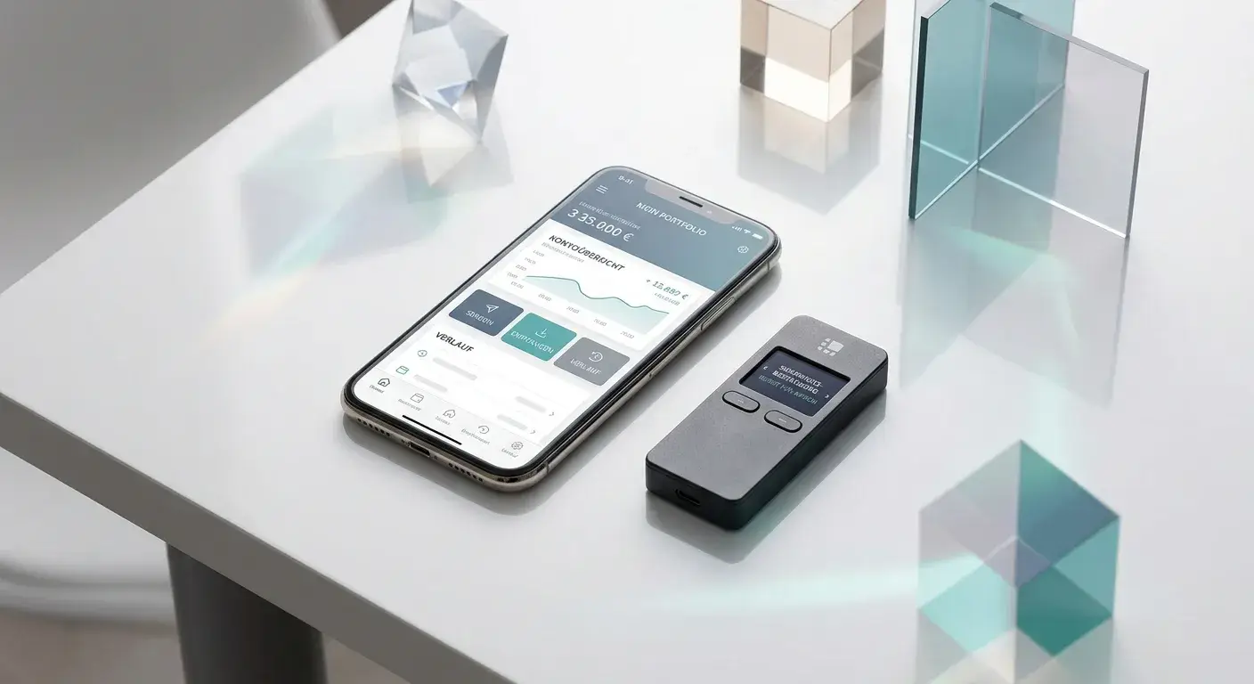 Smartphone und Hardware-Wallet auf einem weißen Schreibtisch mit abstrakten Token-Reflexionen