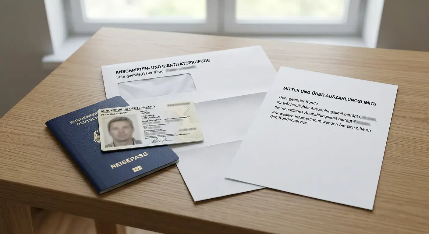 Dokumente, Identitätsprüfung und Auszahlungslimit auf einem neutralen Schreibtisch