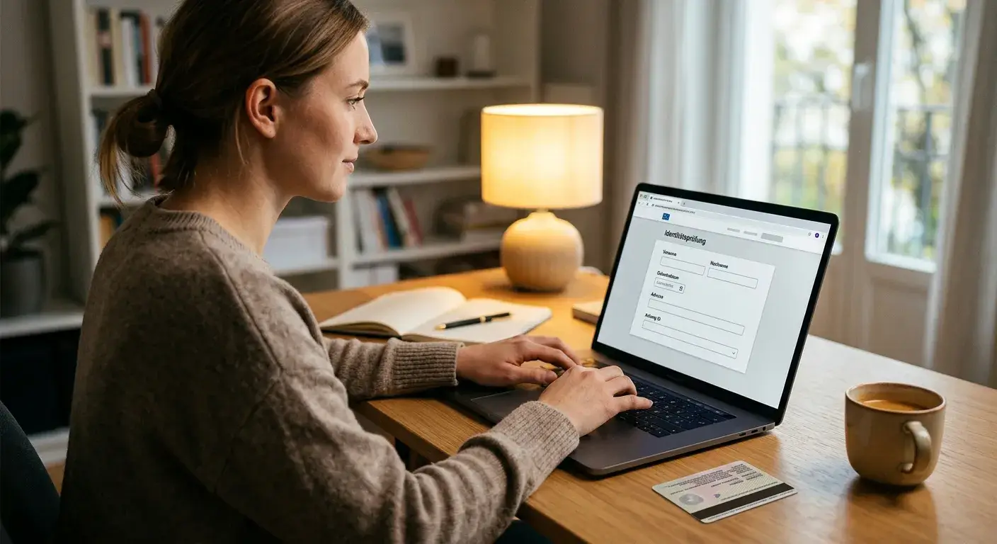 Person mit Laptop beim Ausfüllen eines Online-Formulars in ruhiger Umgebung