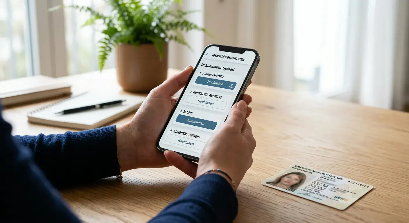 Personalausweis und Smartphone mit Upload-Formular für die Verifizierung