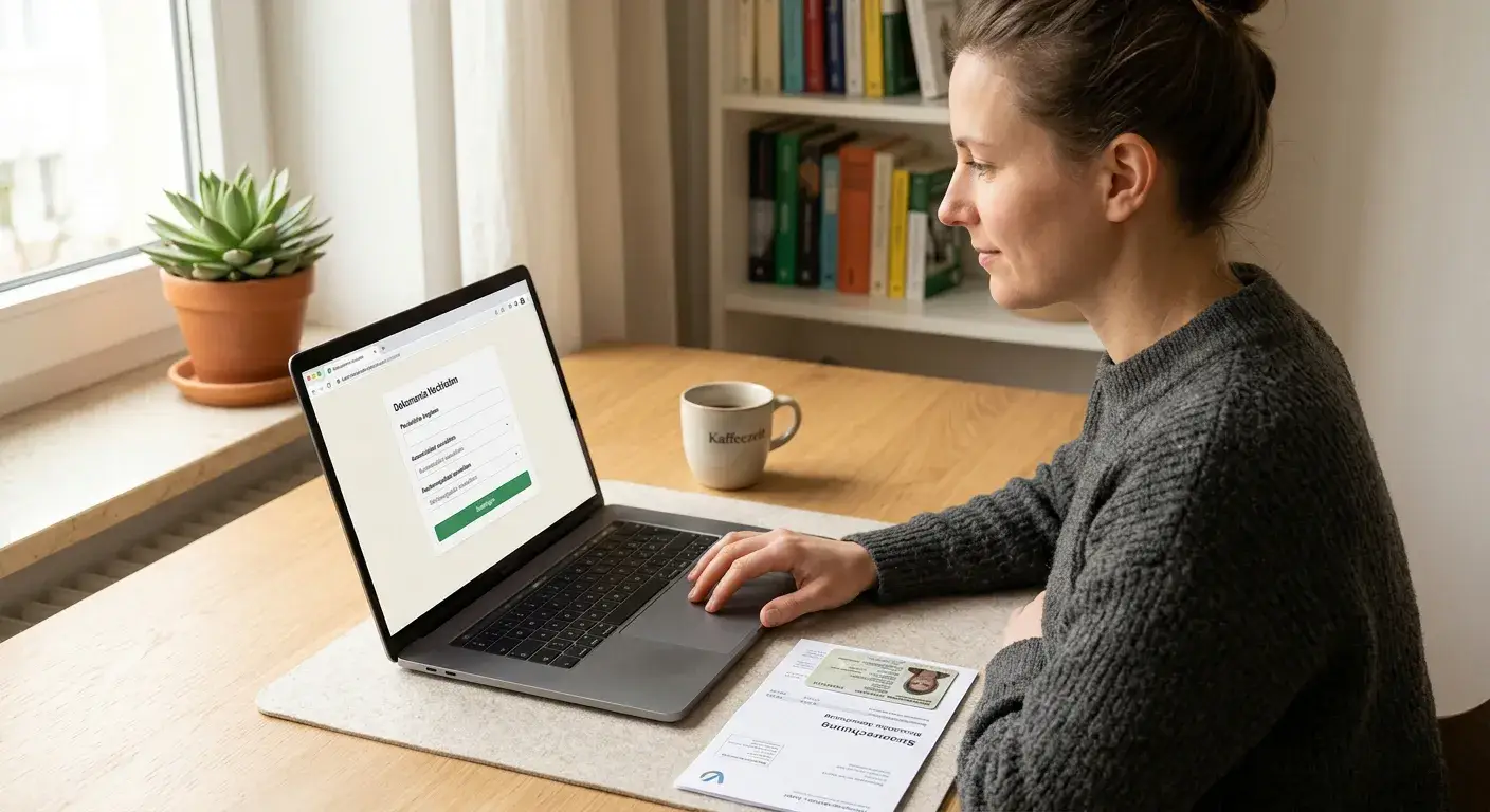 Person am aufgeräumten Schreibtisch lädt Dokumente über einen Laptop hoch