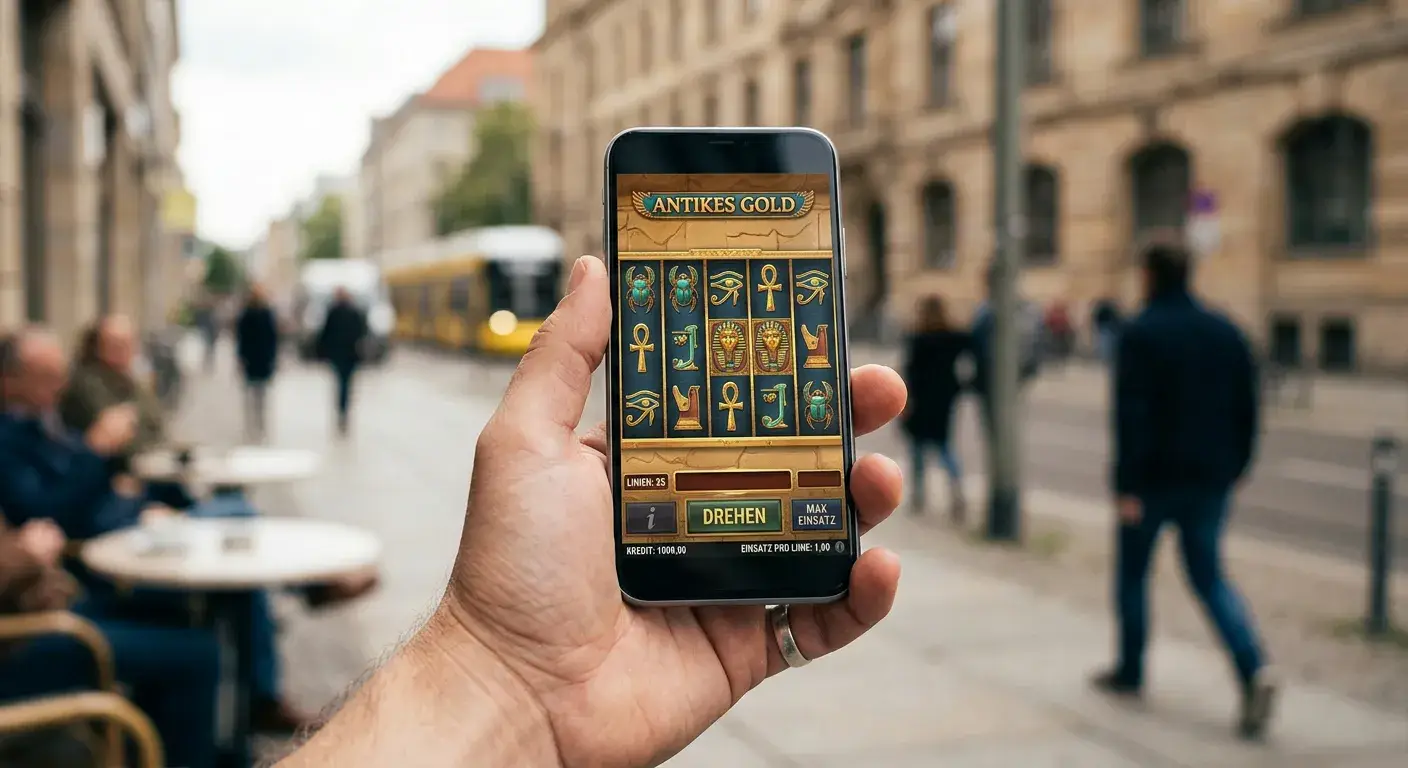 Hand mit Smartphone im Hochformat, das eine generische fünf-Walzen-Spielautomaten-Oberfläche zeigt