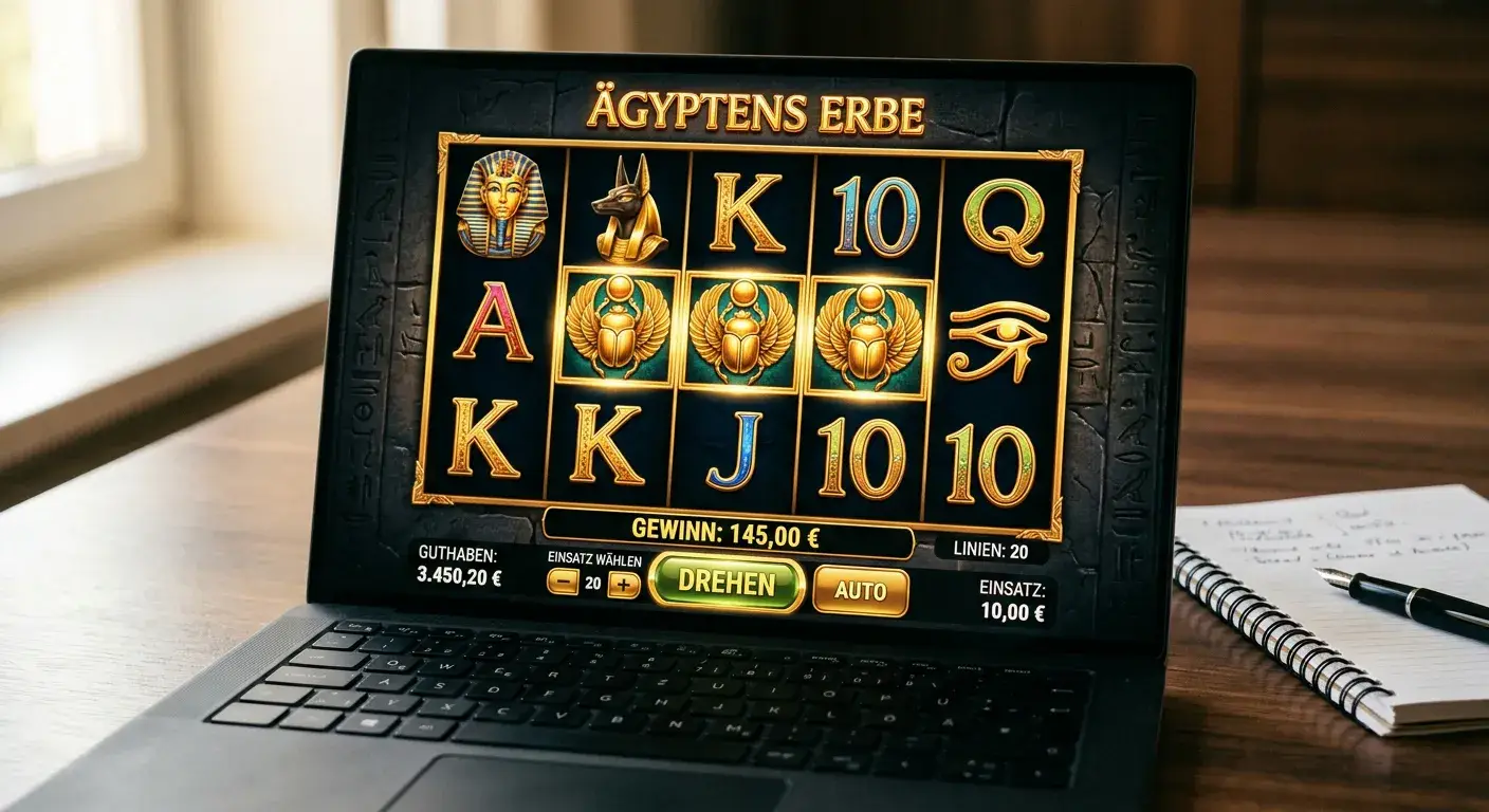 Laptop-Bildschirm mit generischer fünf-Walzen-Spielautomaten-Oberfläche und goldenen ägyptischen Symbolen
