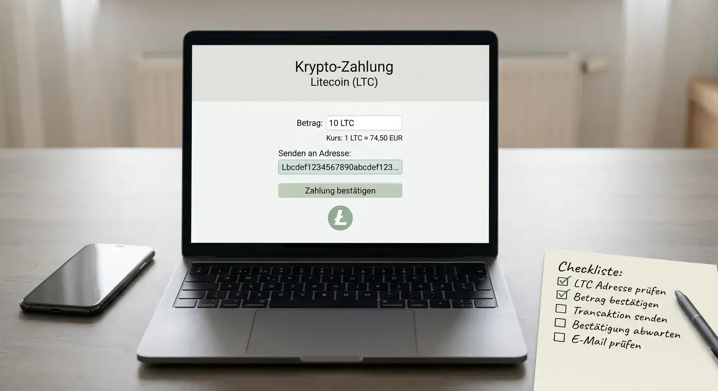 Laptop mit neutraler Casino-Oberfläche und Litecoin-Zahlungsoption