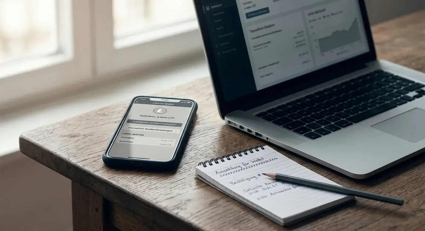Litecoin-Wallet auf dem Smartphone neben handschriftlicher Transaktionsnotiz