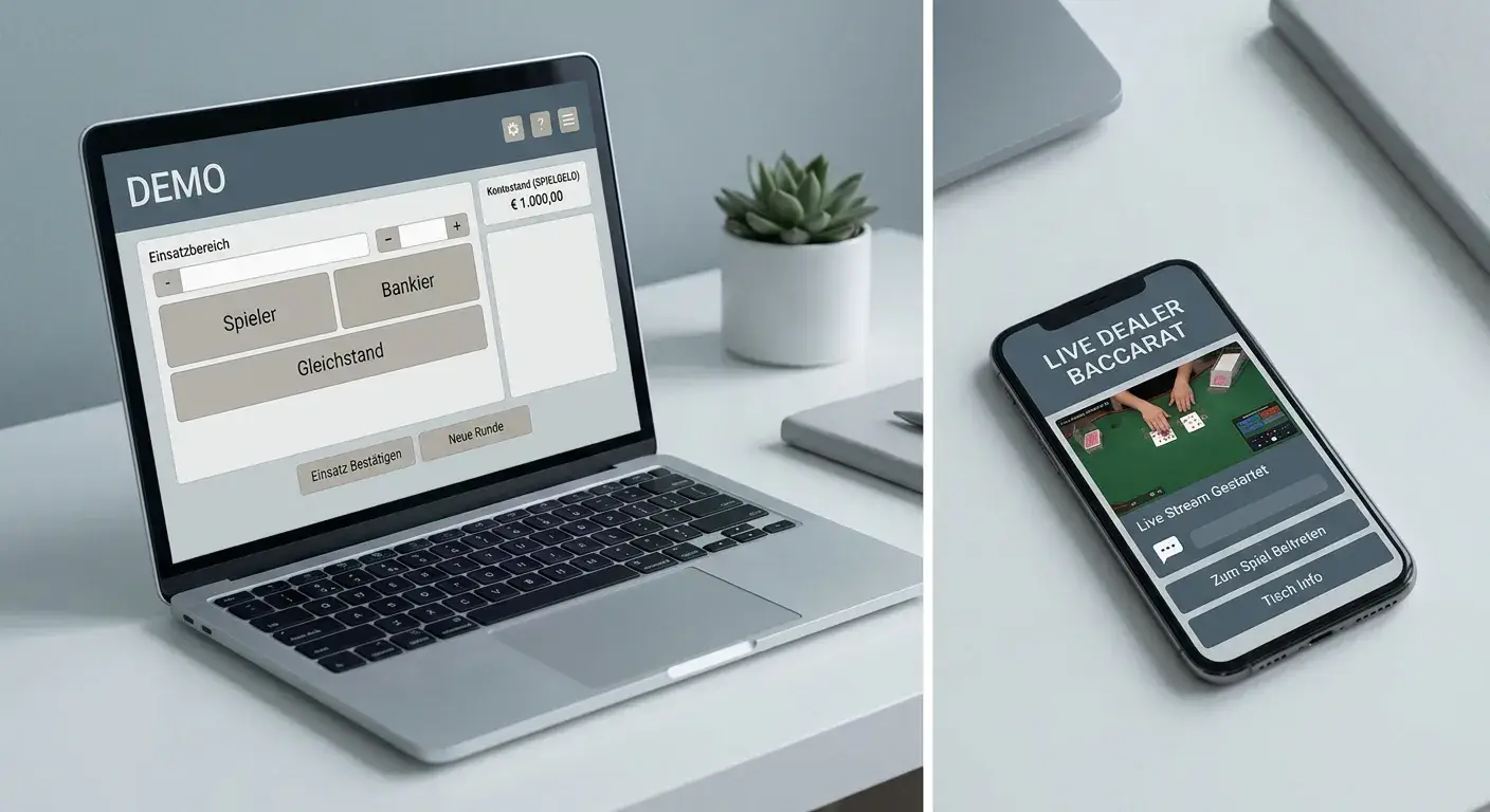Laptop mit neutralem Software-Baccarat neben Smartphone mit Live-Dealer-Vorschau auf weißem Schreibtisch