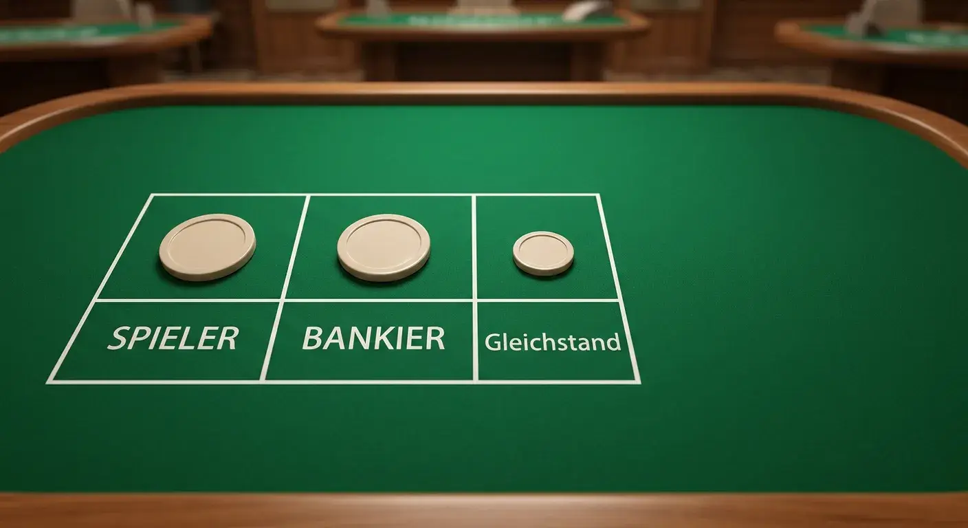 Draufsicht auf einen generischen grünen Filztisch mit markierten Wettfeldern und drei neutralen Chips
