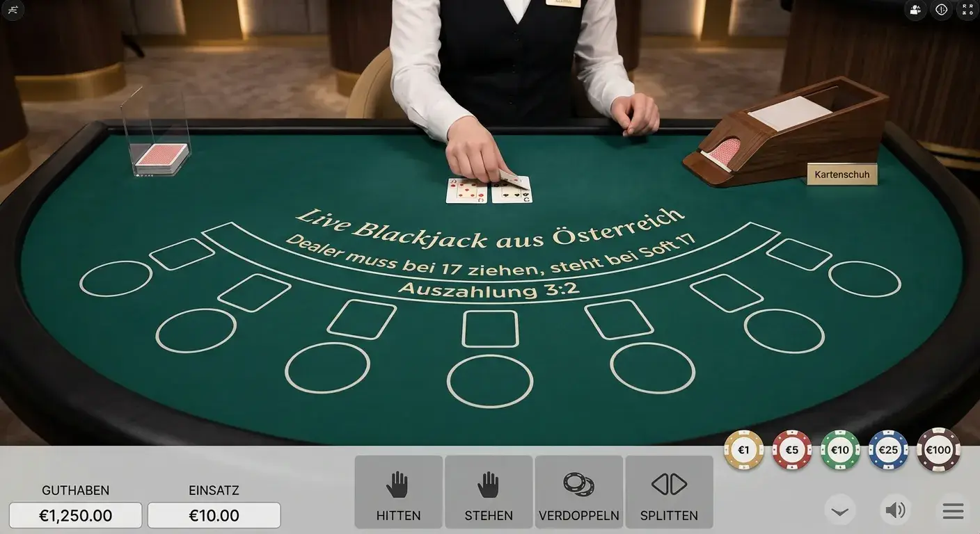 Ruhige Live-Blackjack-Übertragung mit gut sichtbarem Tisch und Bedienbereich
