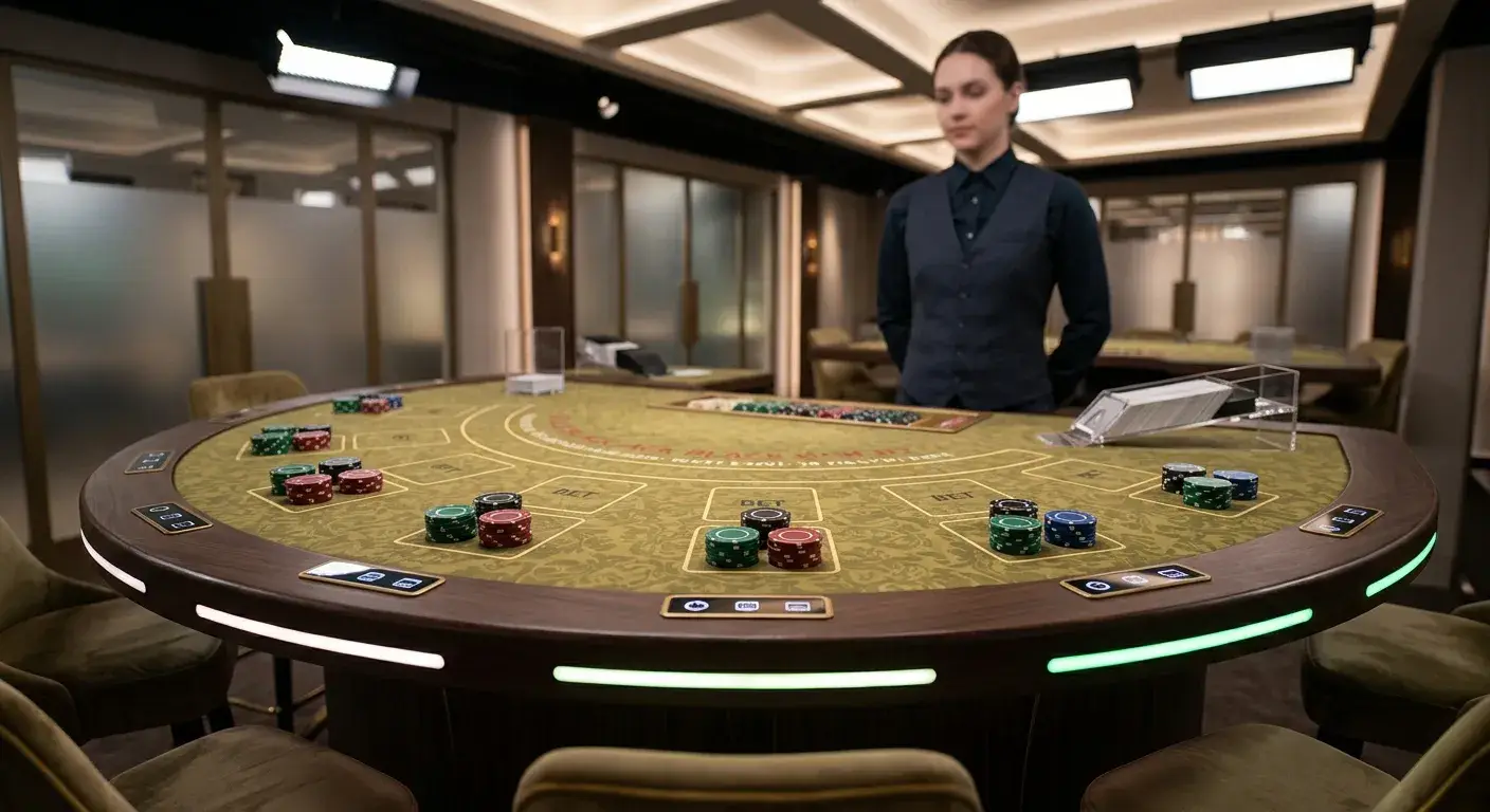 Live-Blackjack-Varianten an einem modernen Tisch mit verschiedenen Einsatzbereichen