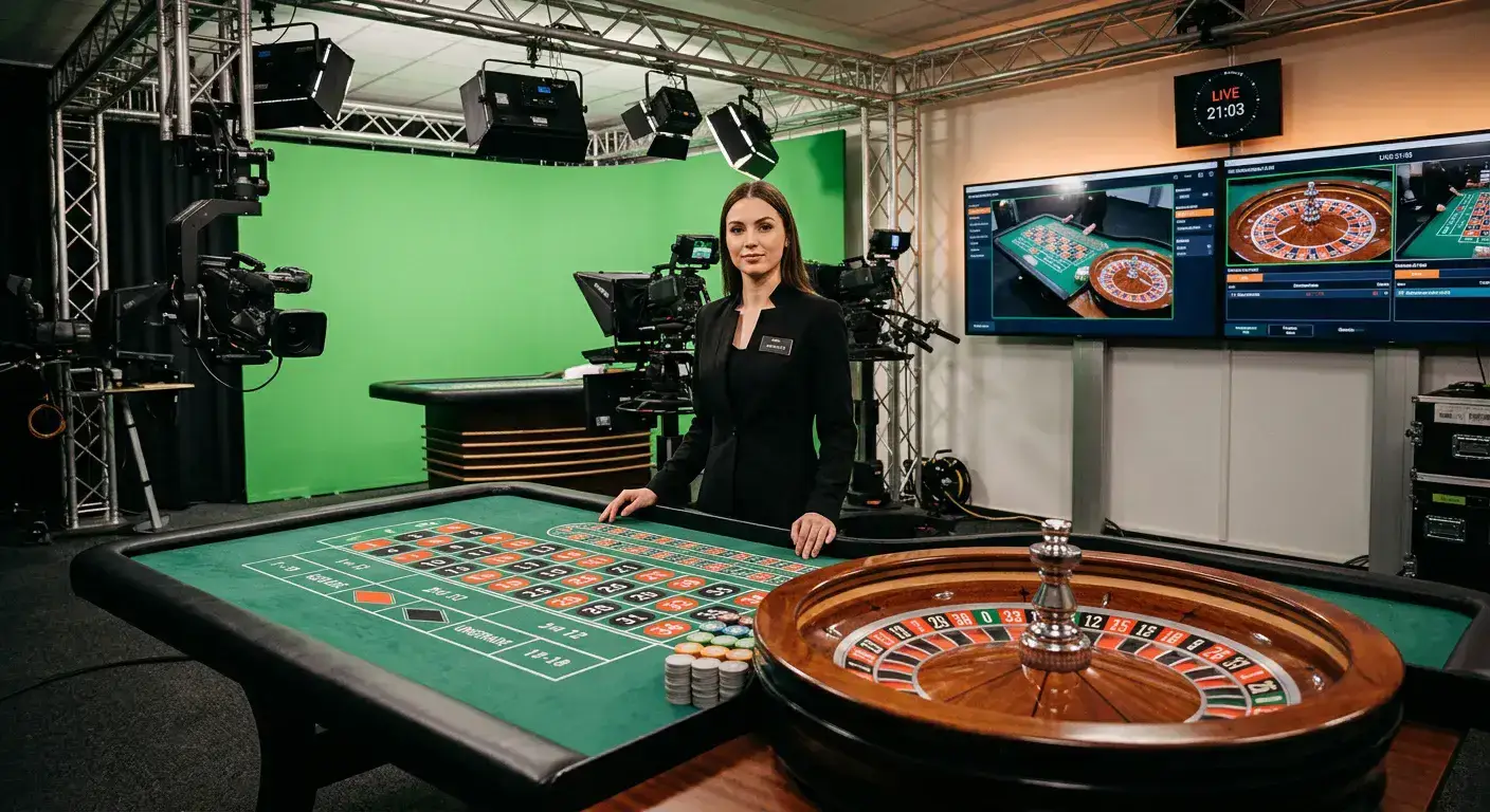 Roulette-Tisch in Live-Casino-Studio mit Dealer und Kamera-Ausrüstung