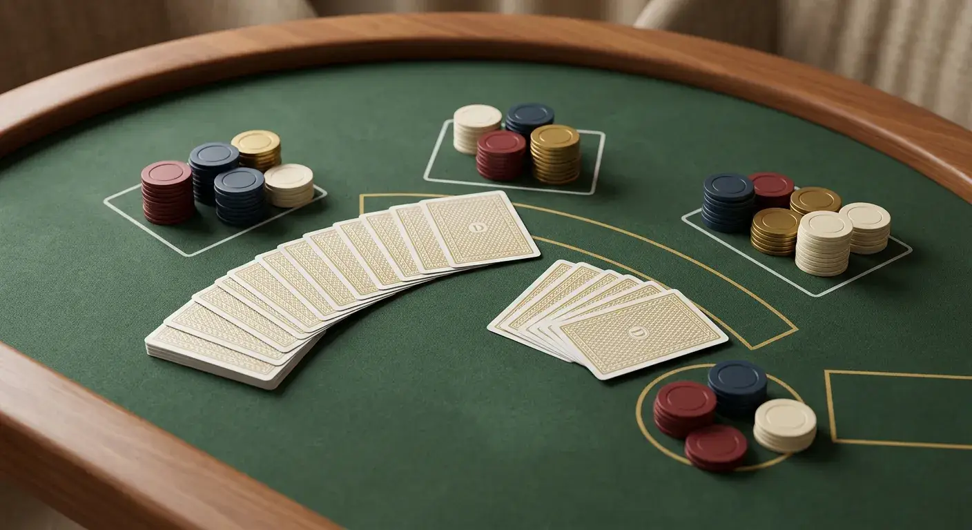 Neutrale Spieltisch-Oberfläche mit generischen Karten und Chips ohne Marken