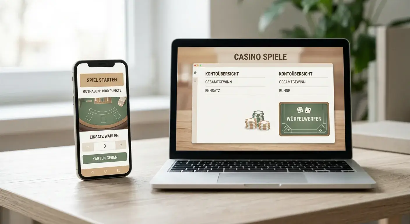 Smartphone mit Casino-Oberfläche und Laptop nebeneinander auf Holztisch