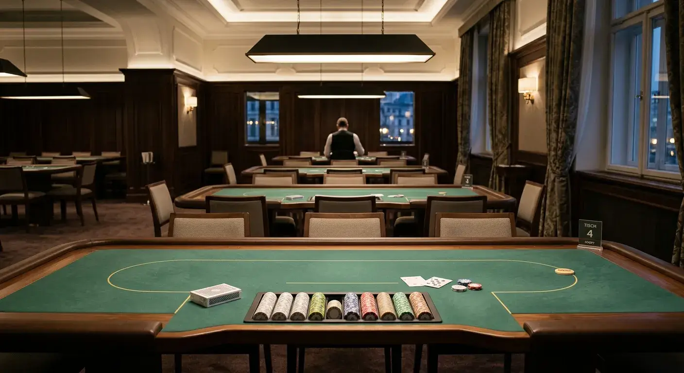 Zurückhaltender österreichischer Pokerraum mit leeren Tischen und schlichten Chips