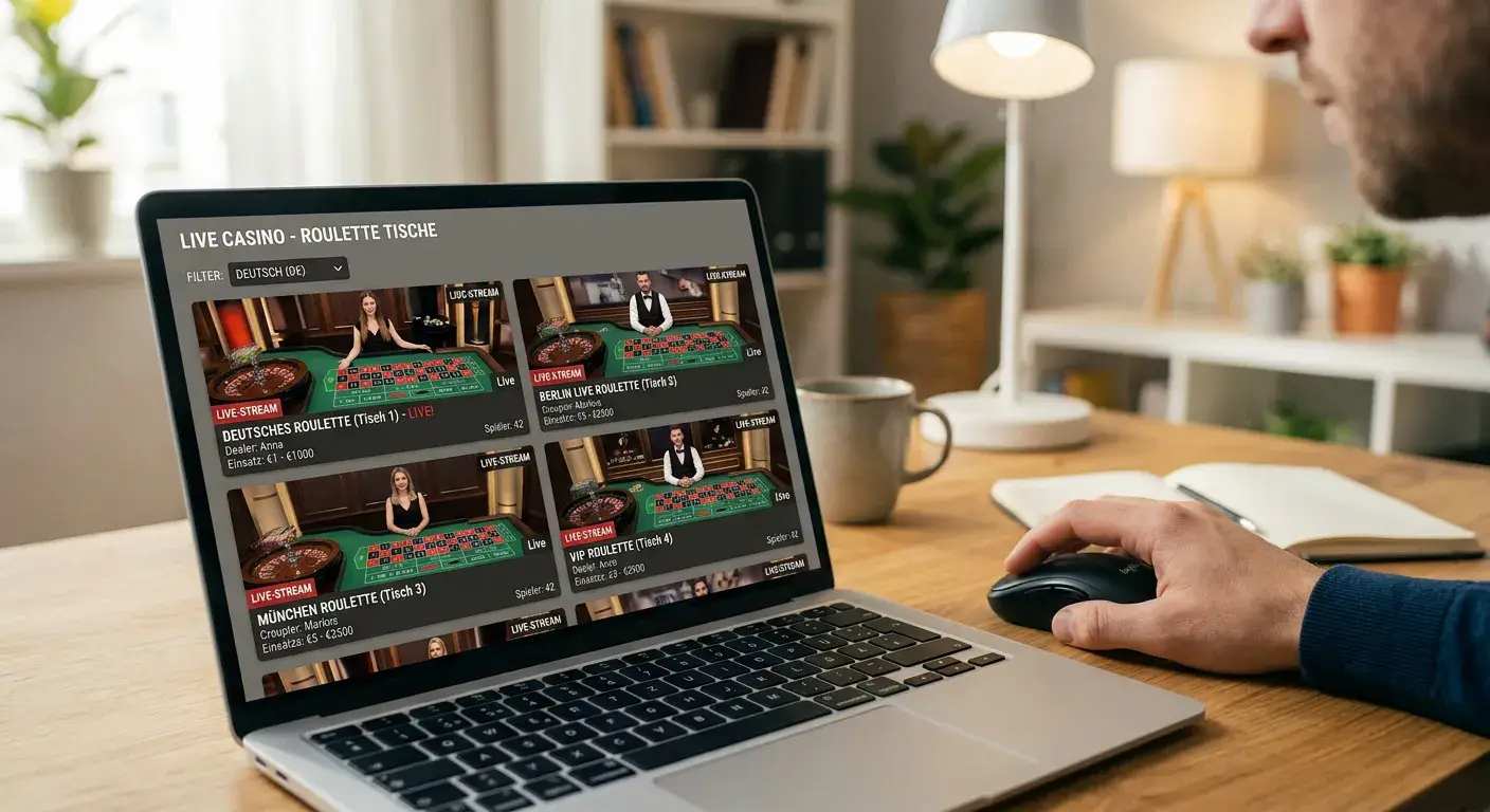 Lobby mit deutschsprachigen Live-Roulette-Tischen und Sprachfilter auf Deutsch