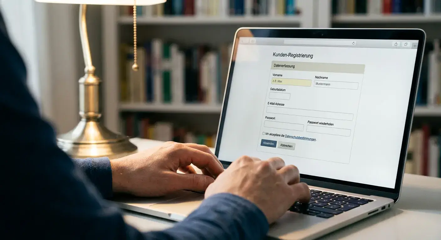 Hände über einer Tastatur, auf dem Monitor eine neutrale Registrierungsseite, weiches Seitenlicht