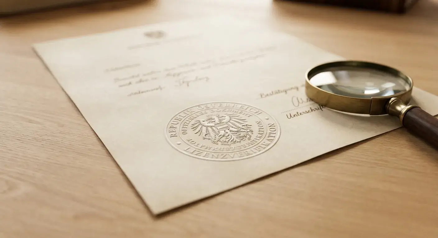 Offizielles Dokument mit Stempel und Lupe auf sauberem Schreibtisch