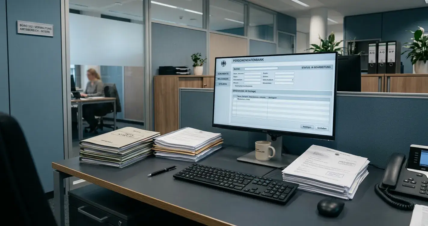 Behördlicher Arbeitsplatz mit Monitor und Dokumenten zur Glücksspielaufsicht
