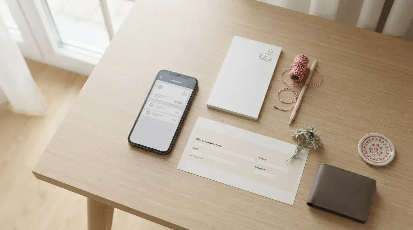 Neutrale Übersicht mit Handyrechnung, Prepaid-Guthaben und Banküberweisung