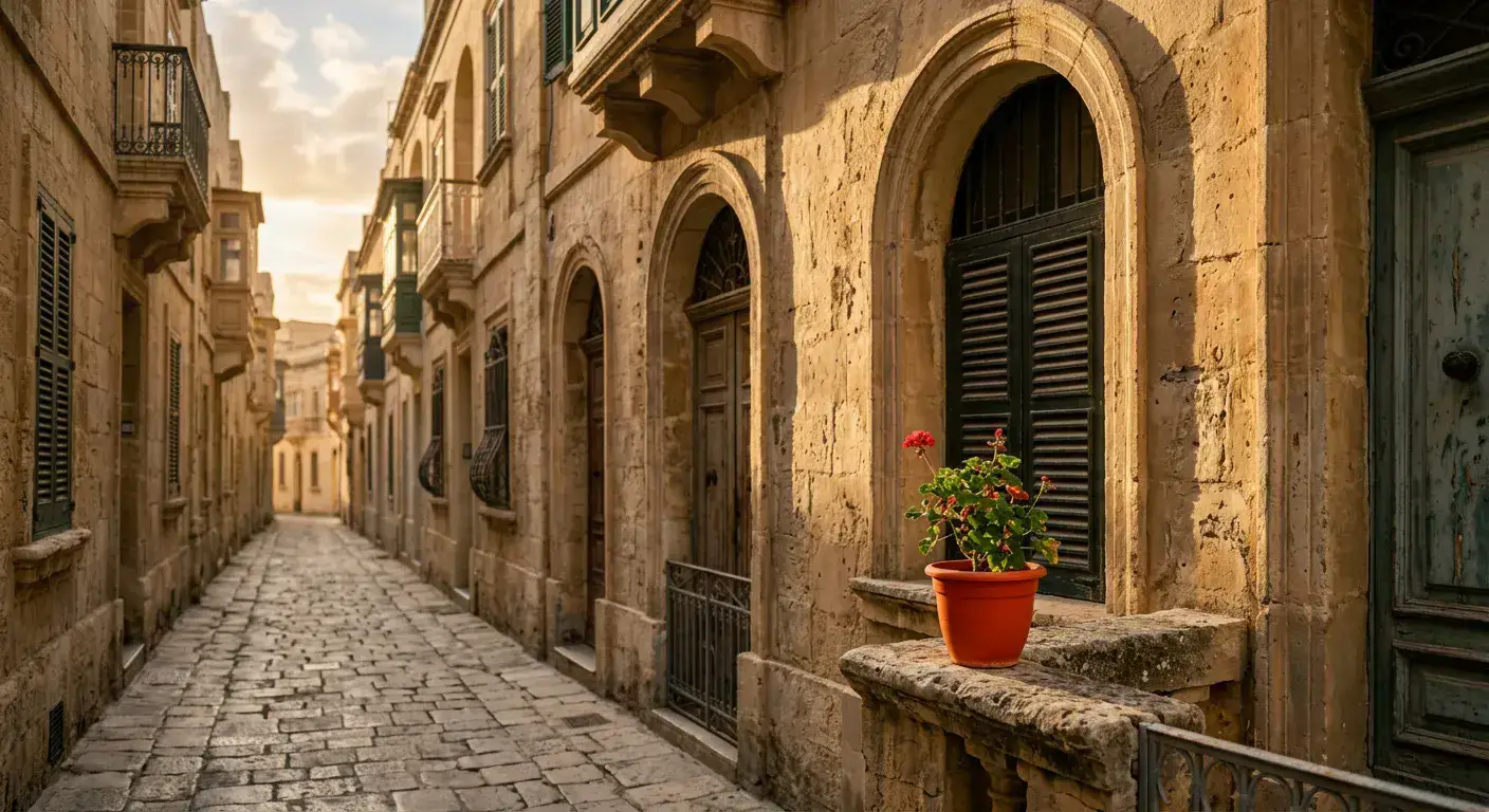 Mediterrane Steinfassade mit geschlossenen Fensterläden, warmes Abendlicht, ruhige Gasse im Hintergrund
