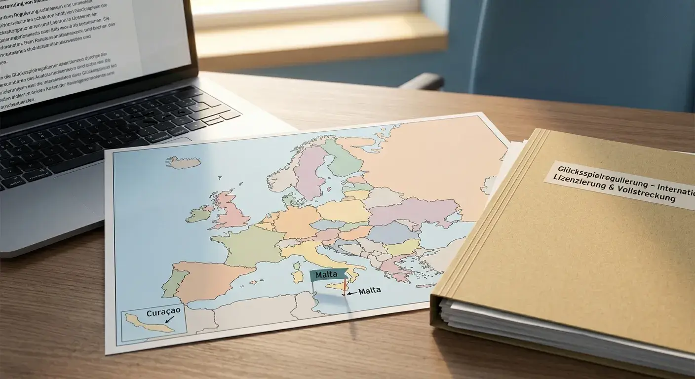 Europakarte mit Markierungen für Malta und Curaçao auf einem Schreibtisch