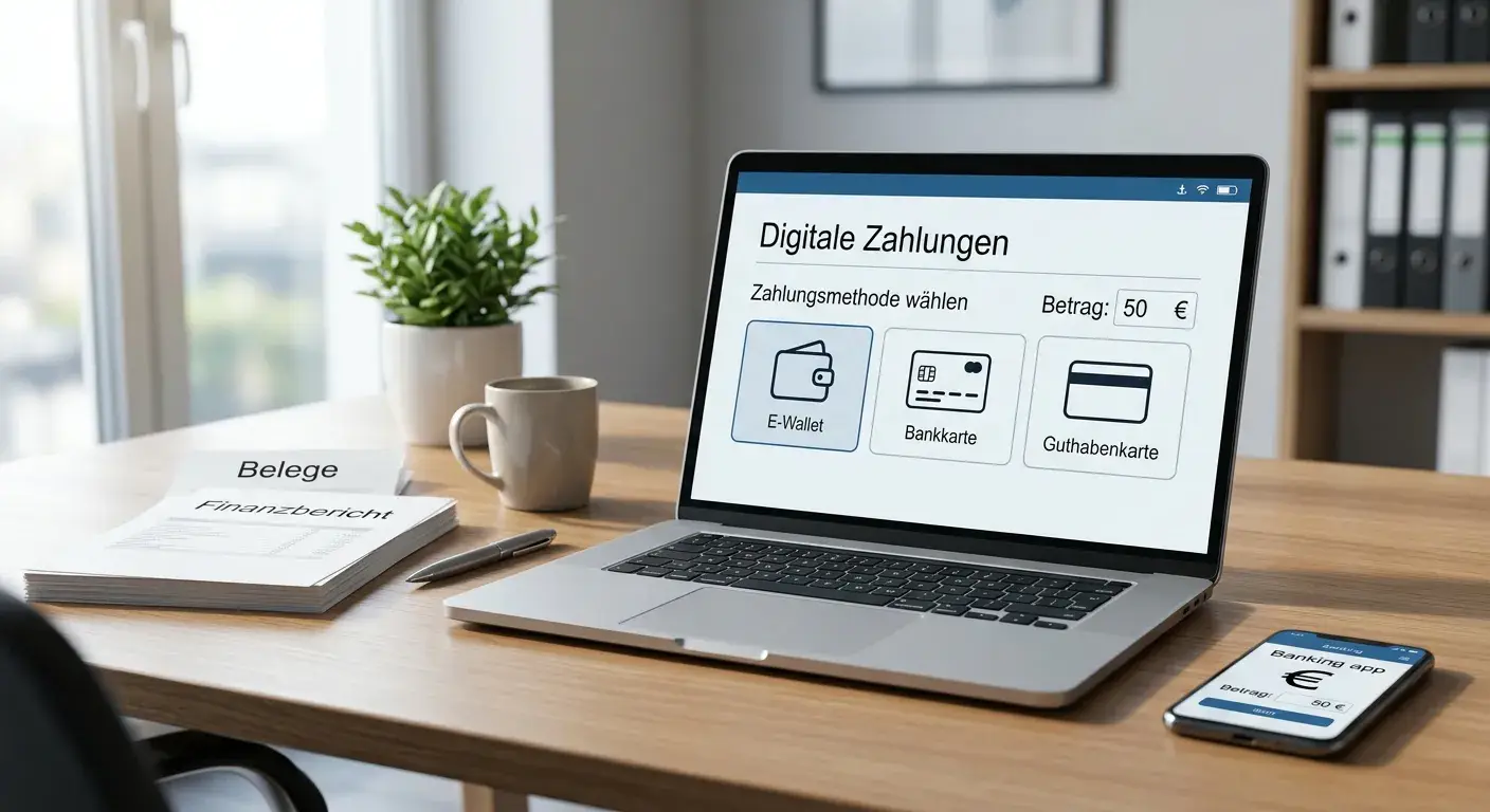 PayPal-Logo, Paysafecard und Bankkarte auf Schreibtisch neben Laptop