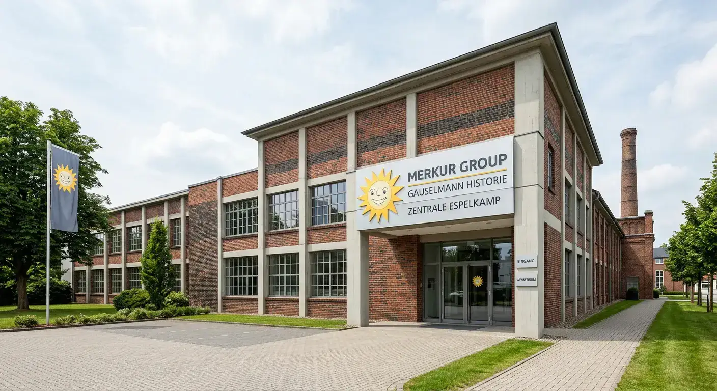 Historisches Gebäude mit Merkur-Sonne Logo und Firmensitz in Espelkamp