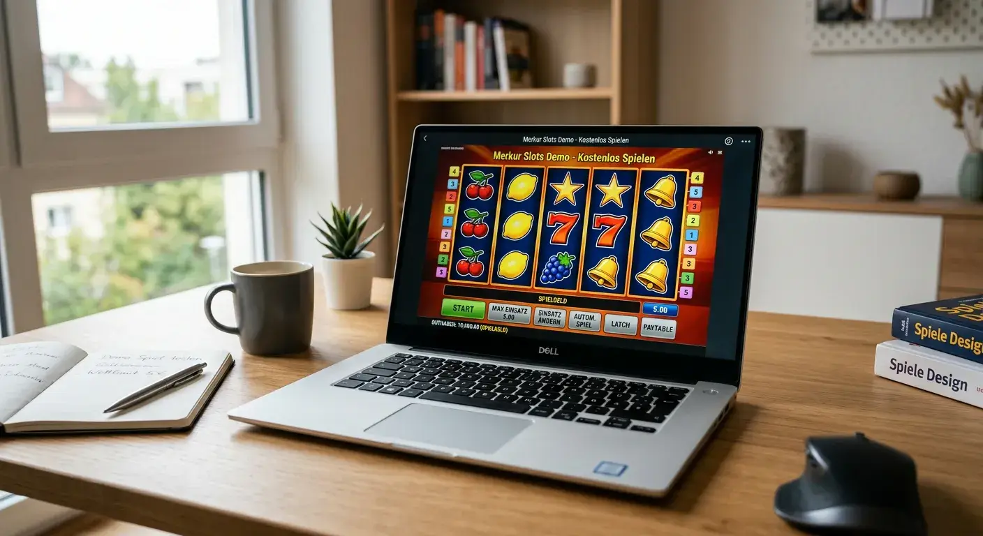 Laptop-Bildschirm mit Spielautomaten im Demo-Modus ohne Echtgeld