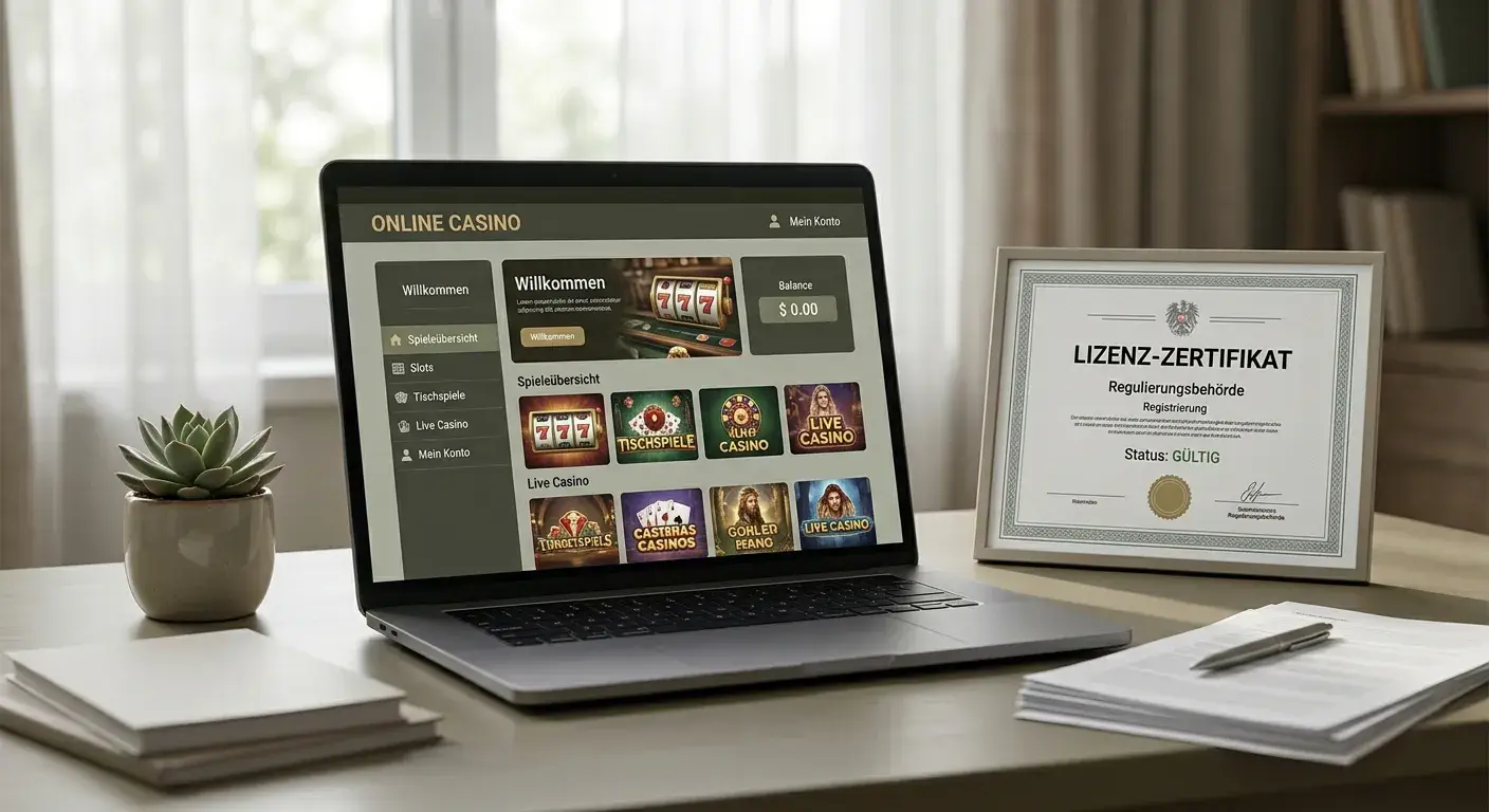 Laptop auf einem Schreibtisch mit neutraler Casino-Benutzeroberfläche und Lizenzdokument daneben