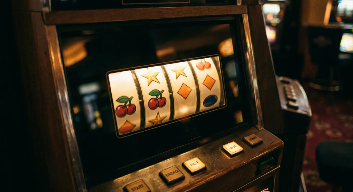 Neutrale Casino-Spielautomaten-Symbole auf einem Bildschirm in ruhiger Beleuchtung