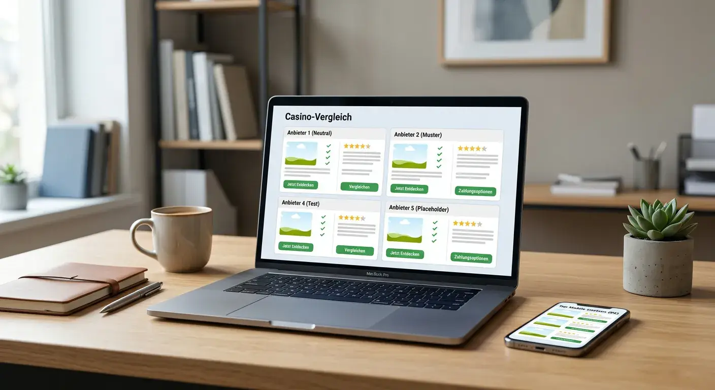 Neutraler Vergleich mehrerer mobiler Casinoangebote auf einem Laptop