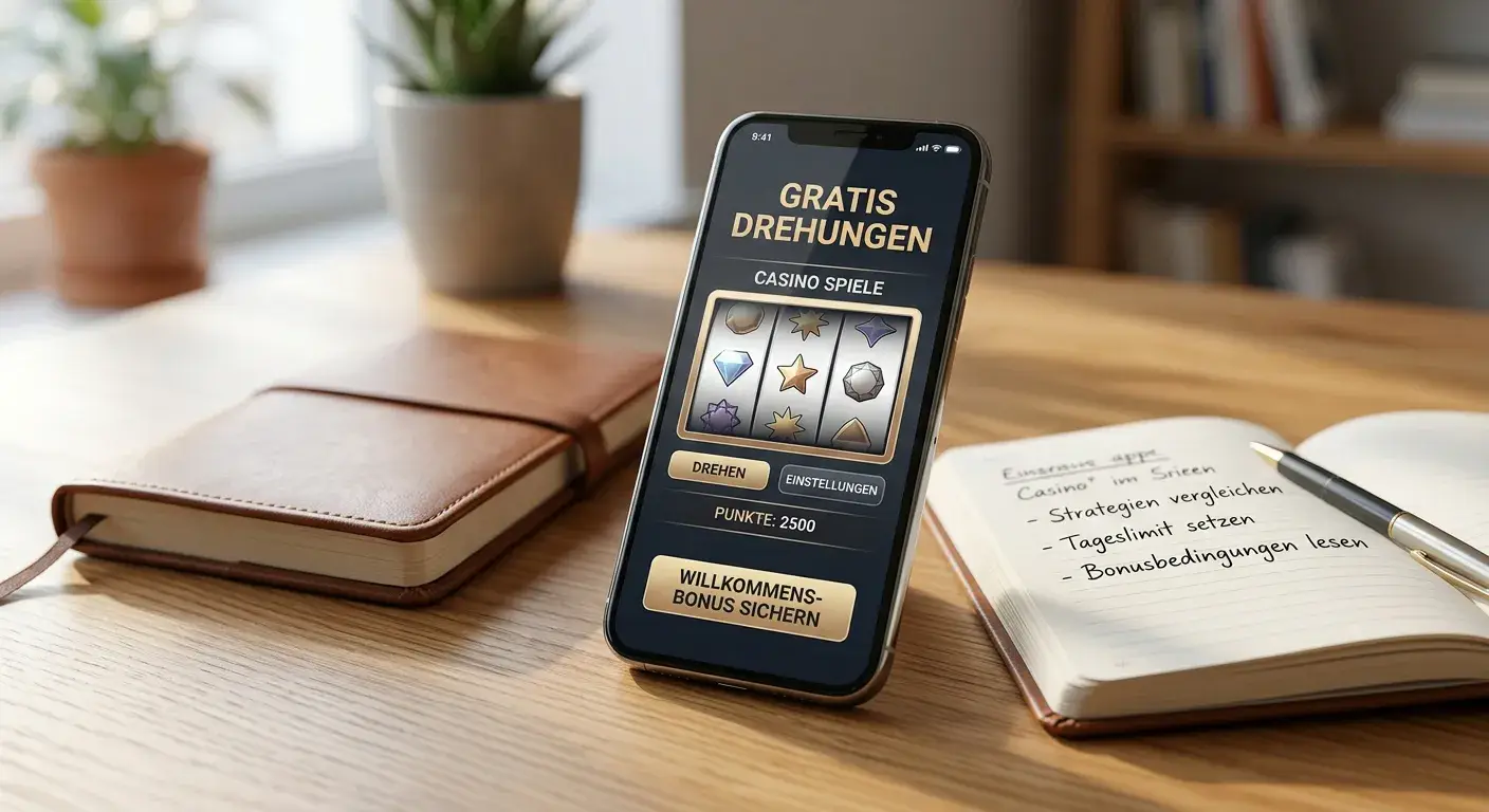 Smartphone mit neutraler Casino-App und Hinweis auf spielgebundene Freispiele