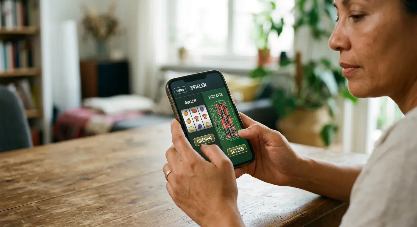 Smartphone mit neutralen Spielautomaten und Rouletteformen ohne erkennbare Marke