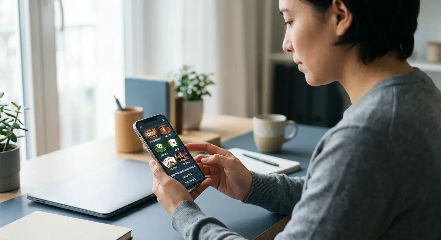 Smartphone mit neutraler Casino-Spielauswahl und sichtbaren Schutzoptionen