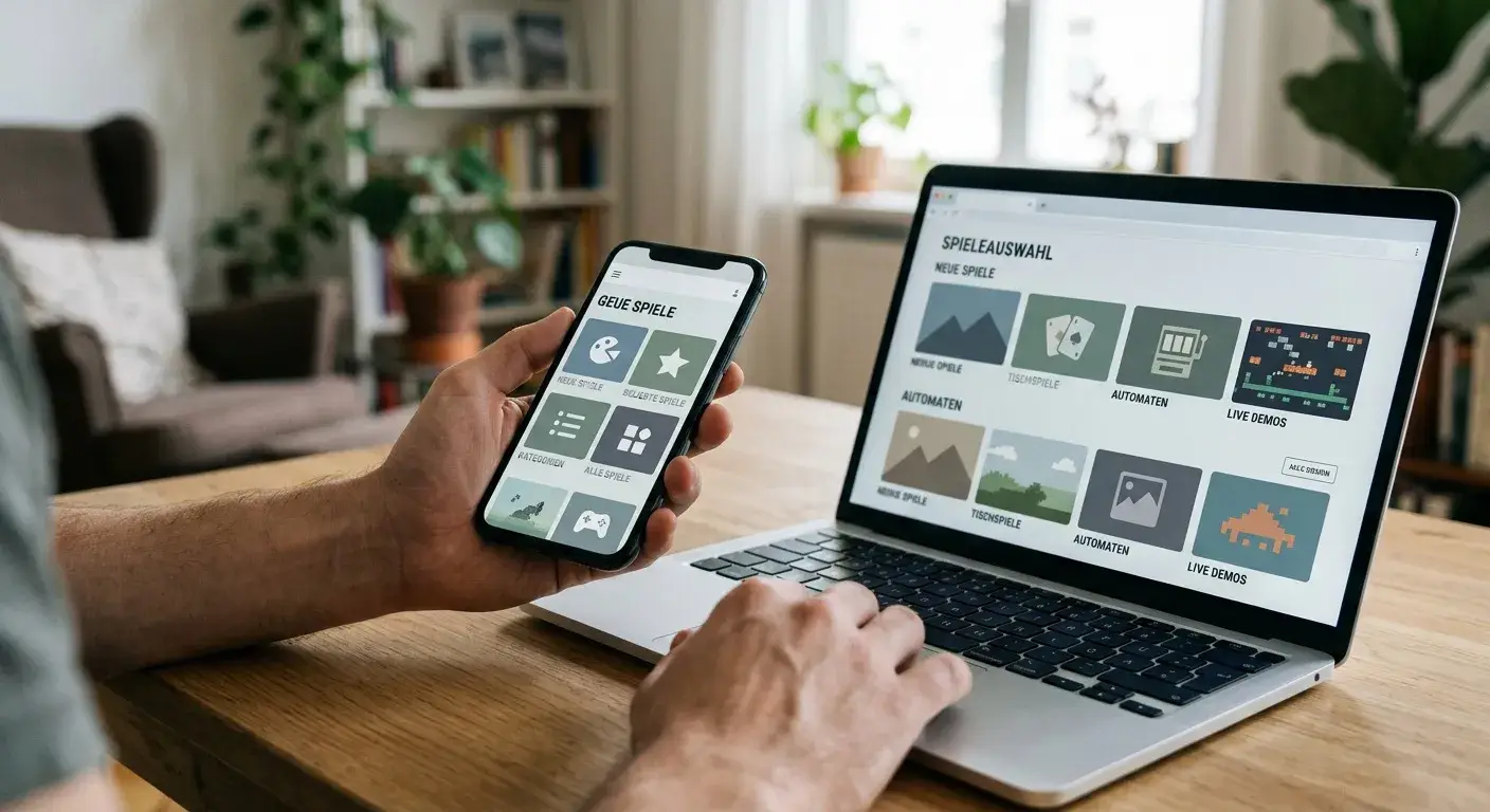Smartphone und Laptop mit neutraler Spielauswahl ohne Markenlogos
