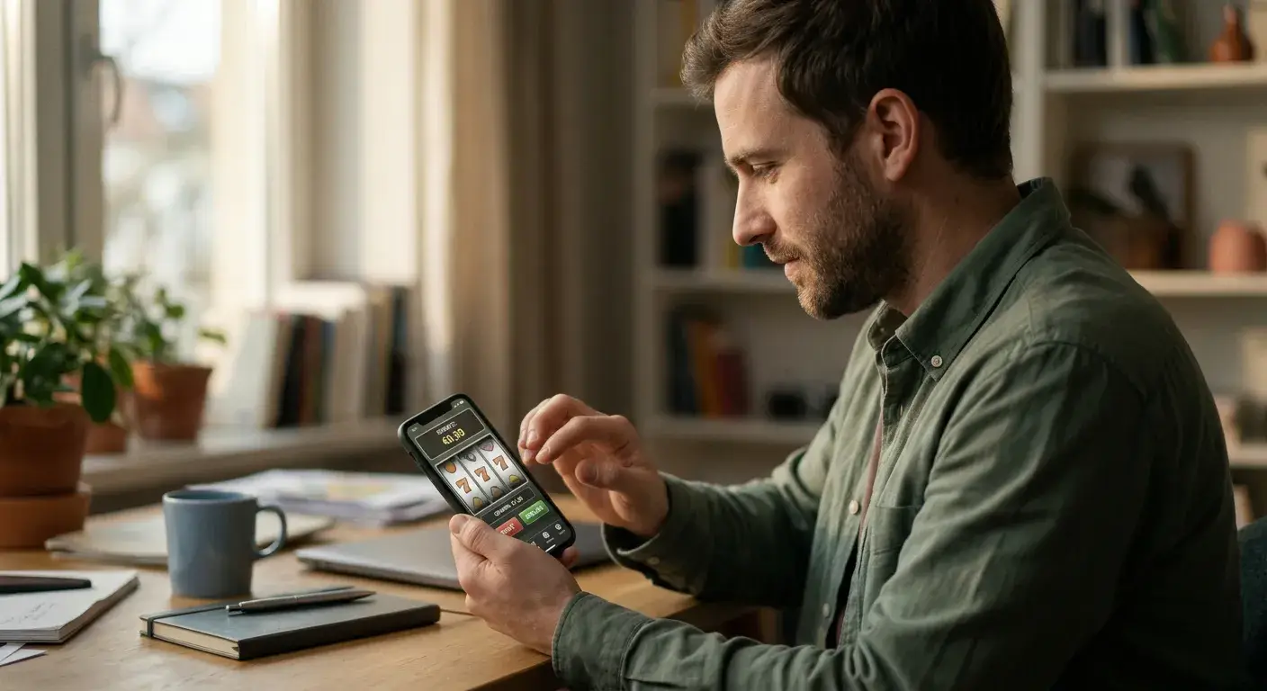 Person spielt einen neutralen Spielautomaten auf einem Smartphone an einem ruhigen Schreibtisch