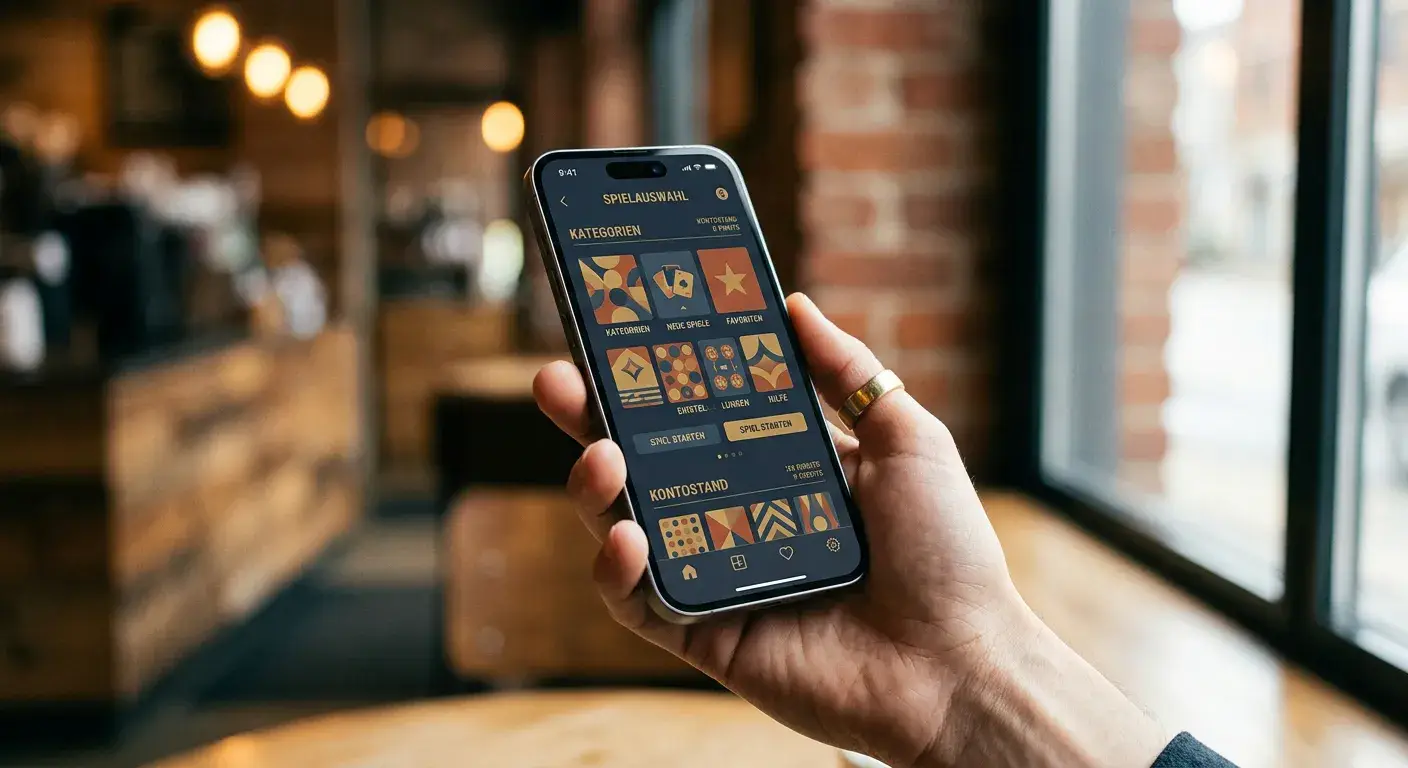 Hand mit Smartphone vor unscharfem Café-Hintergrund mit abstrakter Spieloberfläche