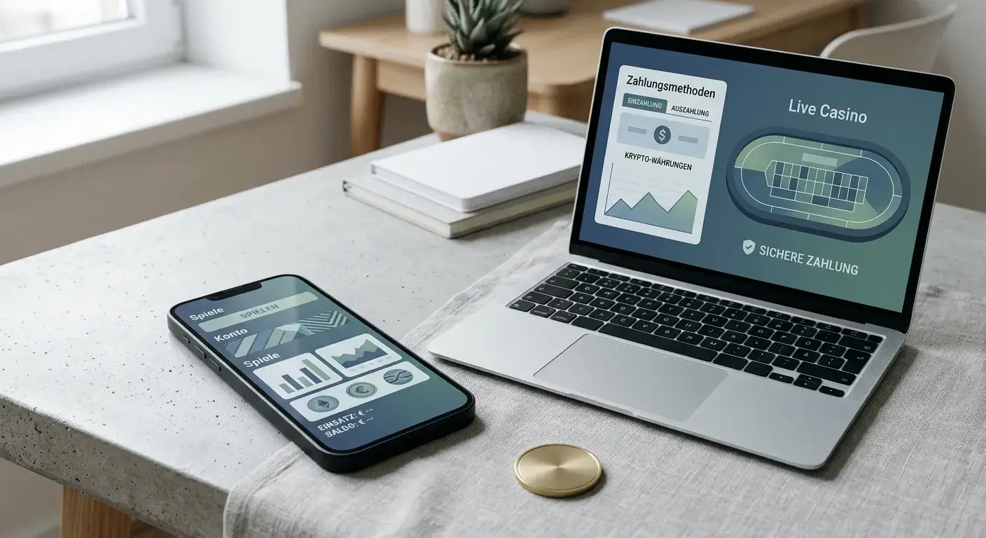 Neutrales Smartphone und Laptop mit Spiel- und Zahlungsansicht ohne Markenlogos