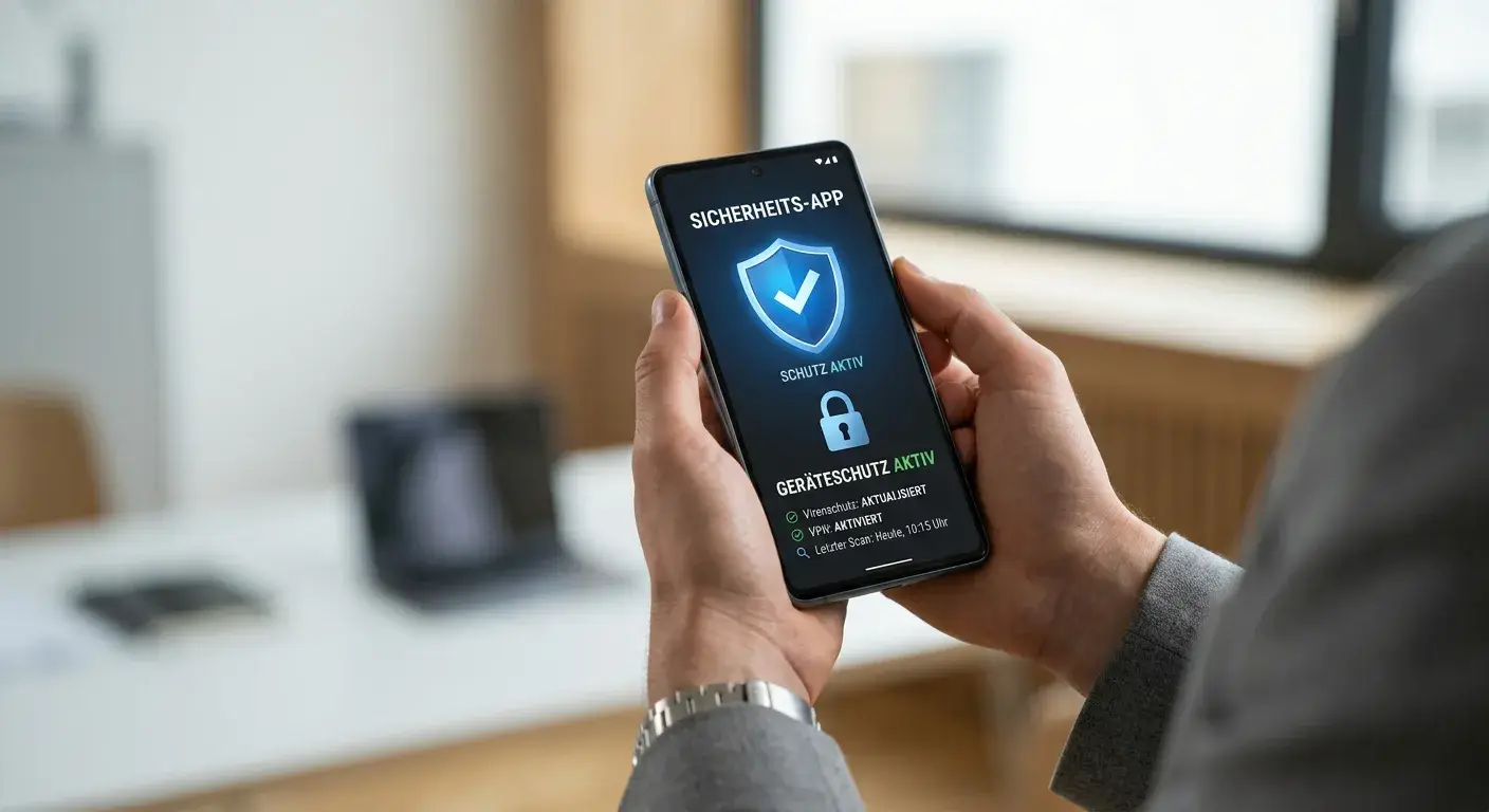 Smartphone mit Sicherheitssymbolen (Schloss, Schild) auf dem Display, sichere Handhaltung