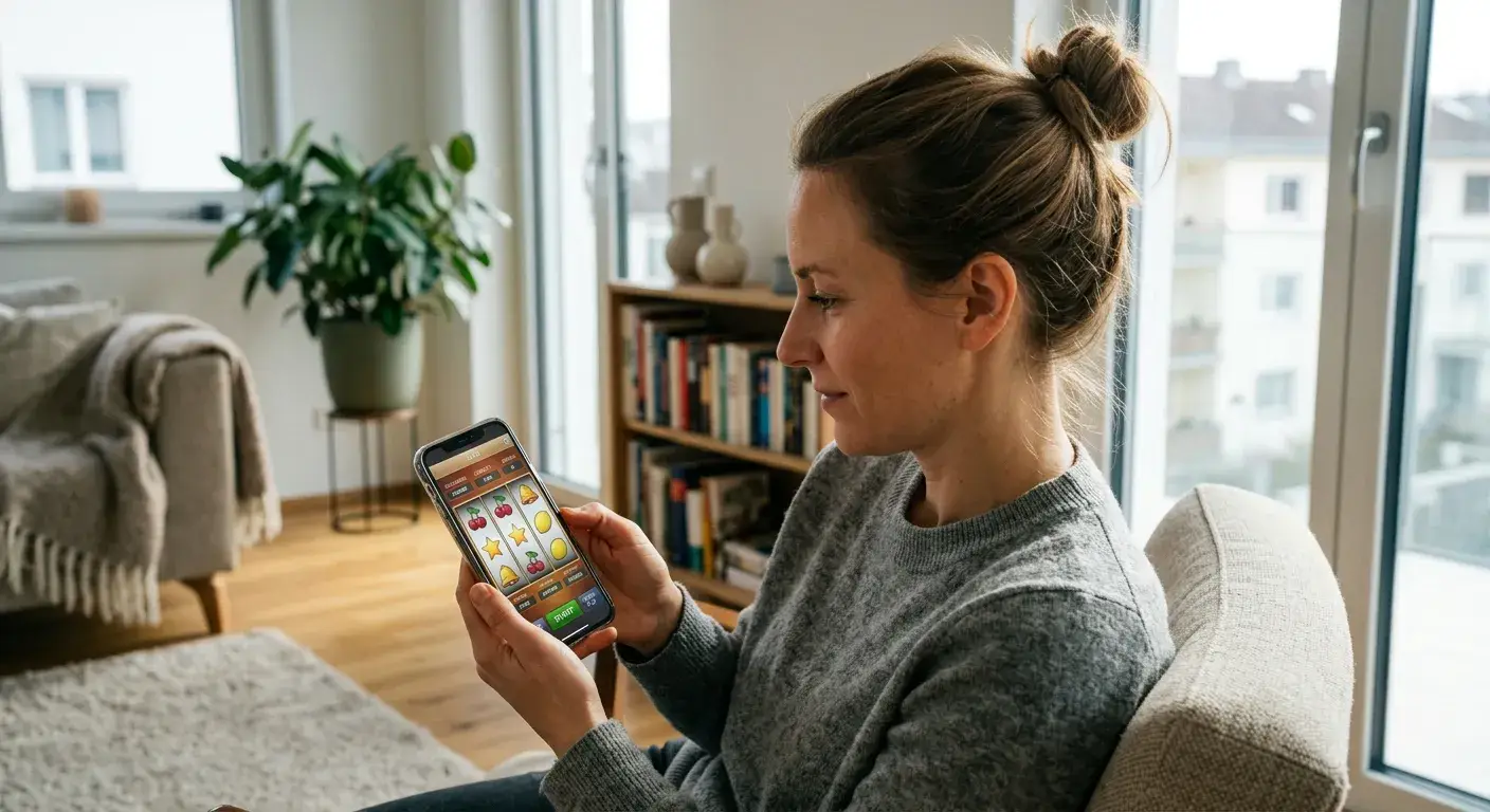 Person mit Smartphone und neutraler Spielautomaten-Oberfläche ohne Markenlogo