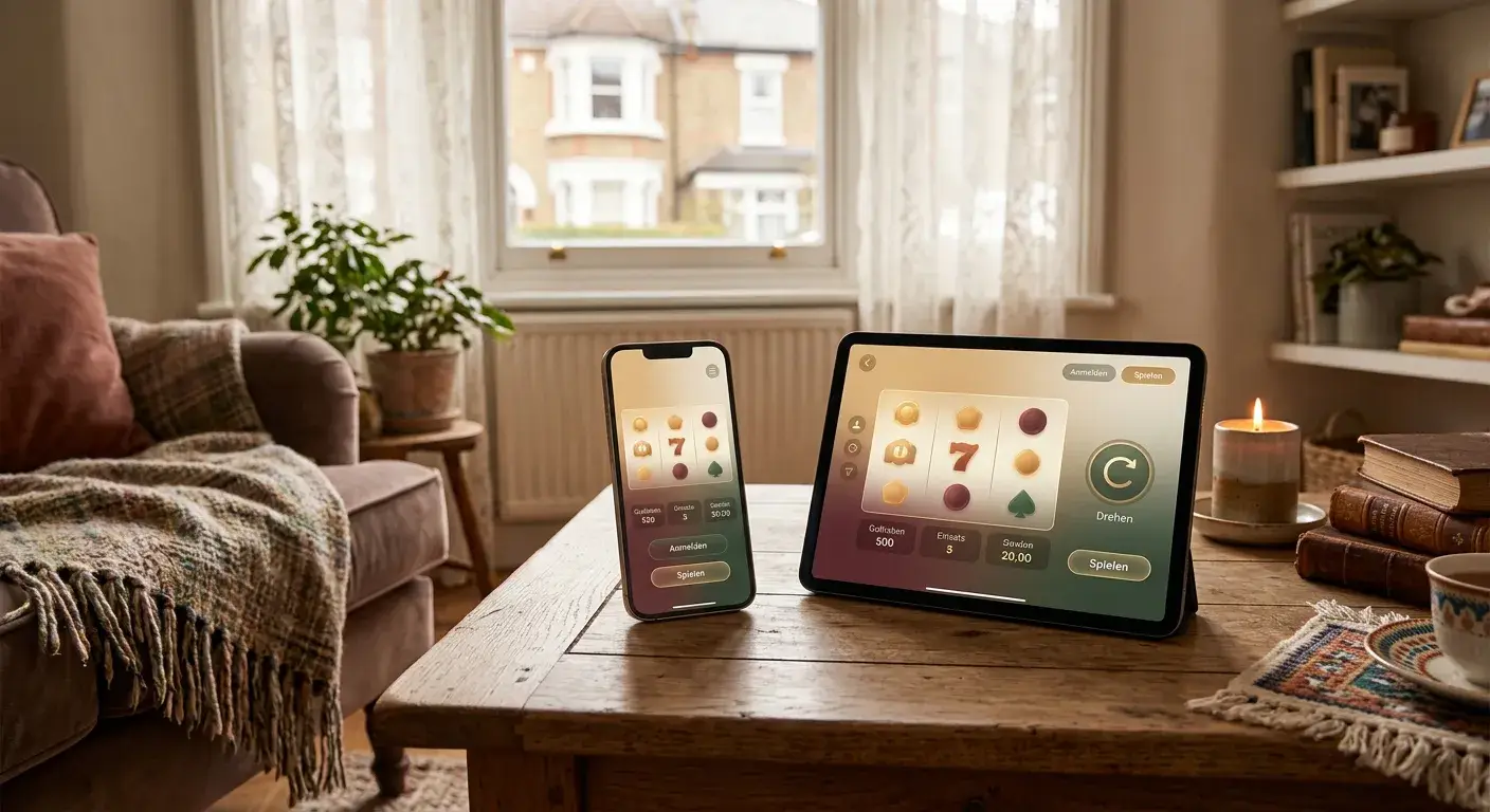 Smartphone mit neutralem Casino-Spiel und Tablet daneben auf einem Couchtisch