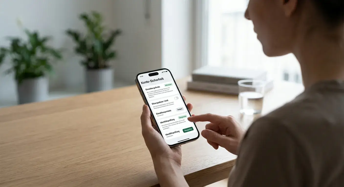 Person prüft ein neutrales mobiles Casino-Konto mit Sicherheits- und Limitoptionen