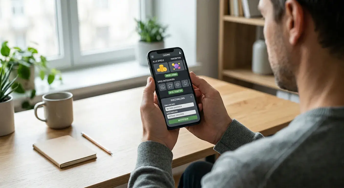 Mobiler Casino-Bildschirm mit neutraler Spiel- und Zahlungsübersicht