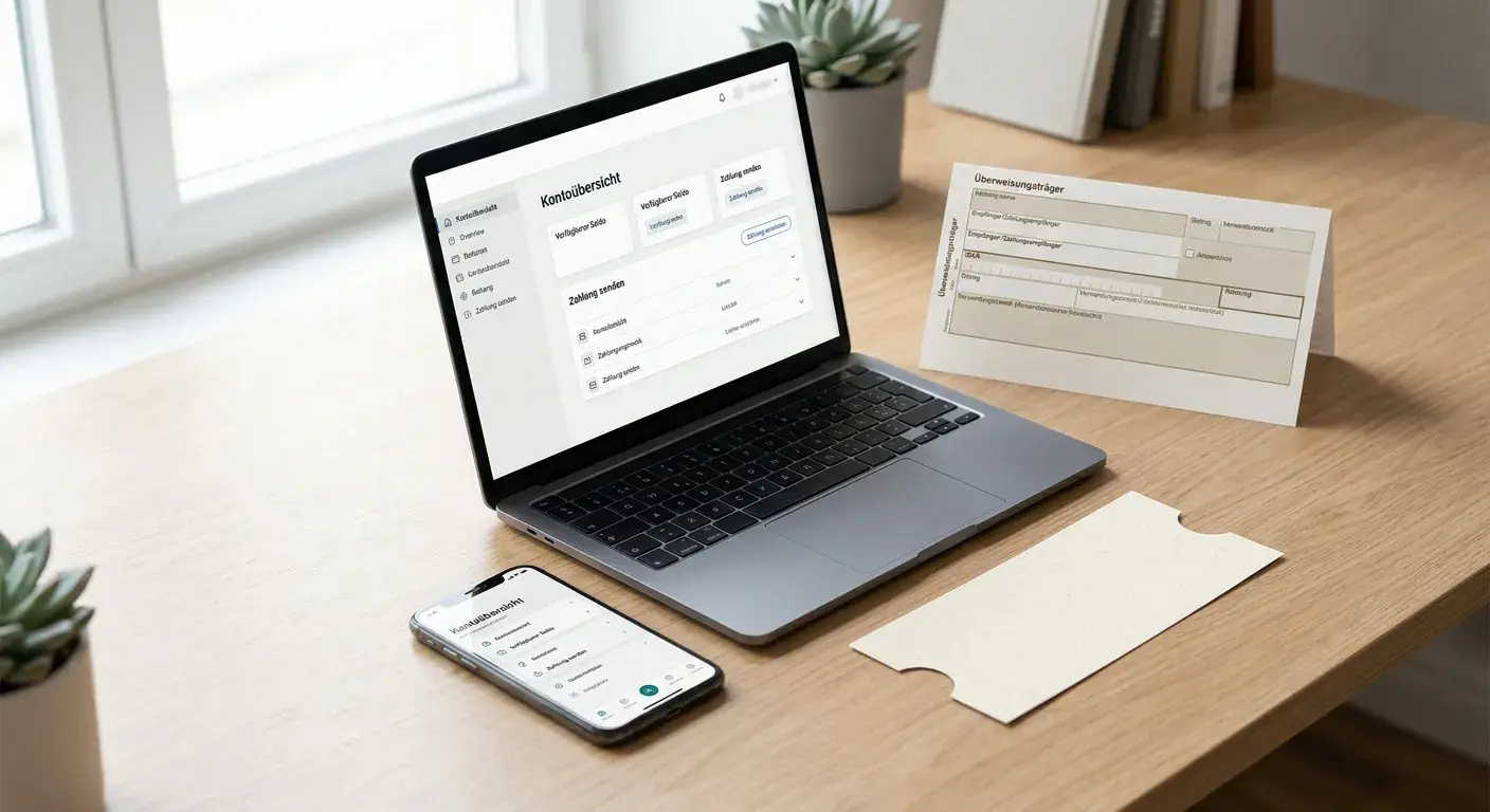 Neutrale Vergleichsansicht von E-Wallet, Direktbank und Prepaid-Zahlung