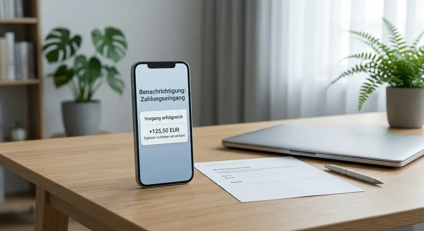 Neutrales Auszahlungsdokument neben Smartphone mit digitalem Guthaben