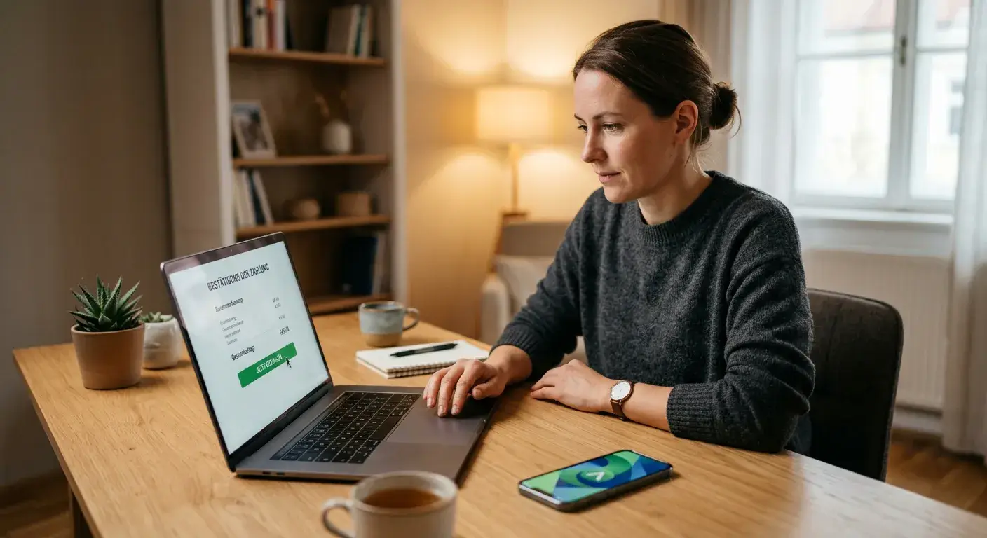 Person bestätigt eine neutrale E-Wallet-Zahlung am Laptop