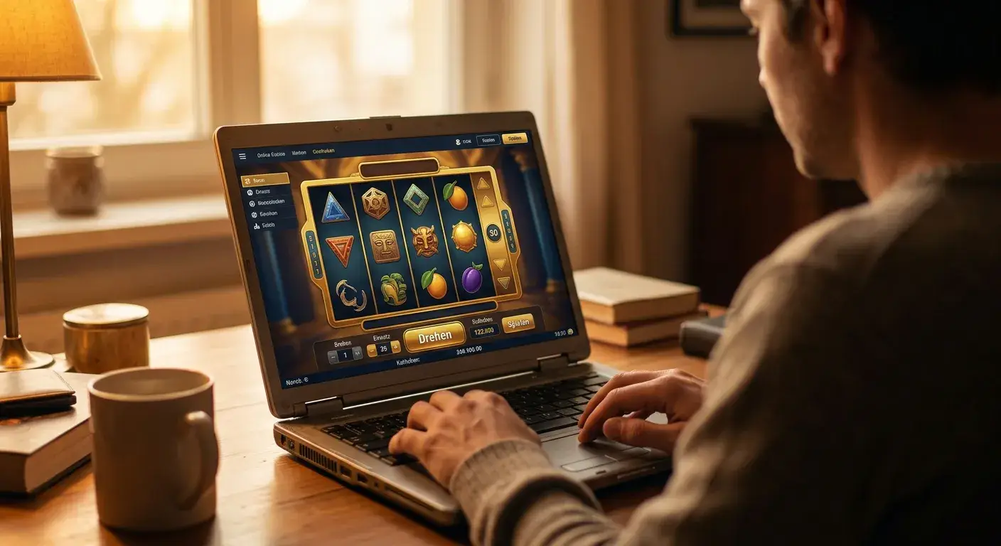 Neutrale Spielautomatenansicht mit verschiedenen Symbolen auf einem Bildschirm